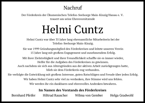 Traueranzeige von Helmi Cuntz von OFHA