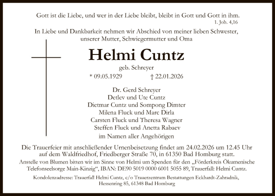 Traueranzeige von Helmi Cuntz von OFHA