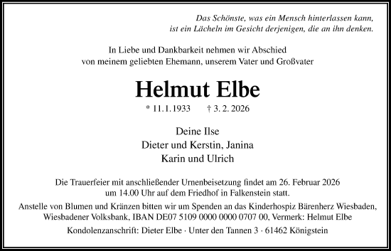 Traueranzeige von Helmut Elbe von FNP
