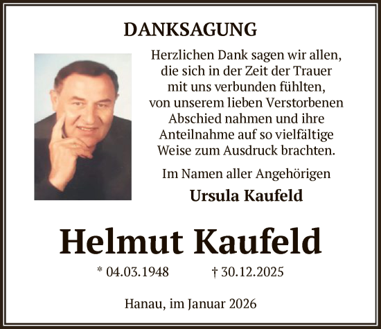 Traueranzeige von Helmut Kaufeld von OFHA