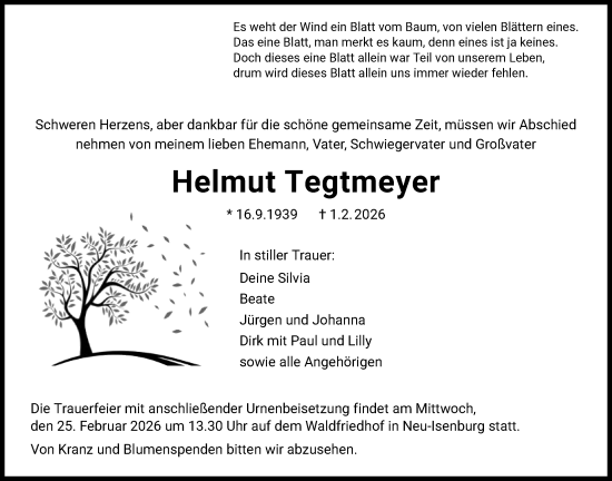 Traueranzeige von Helmut Tegtmeyer von OFOP