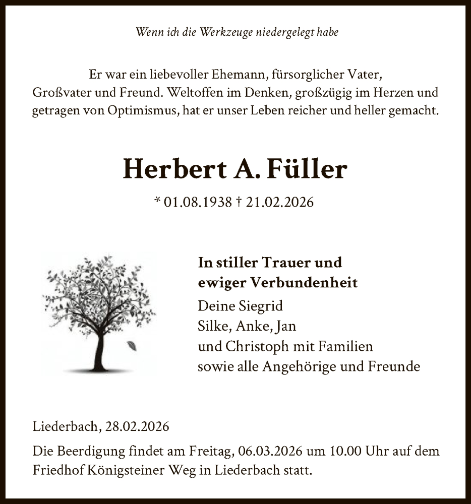  Traueranzeige für Herbert A. Füller vom 28.02.2026 aus FNP