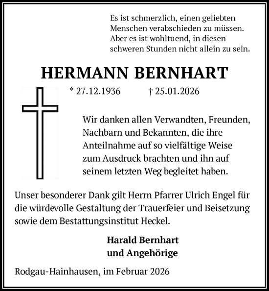 Traueranzeige von Hermann Bernhart von OFOP