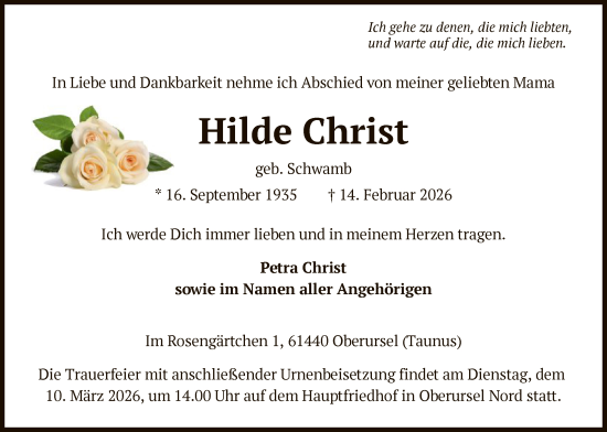 Traueranzeige von Hilde Christ von FNP