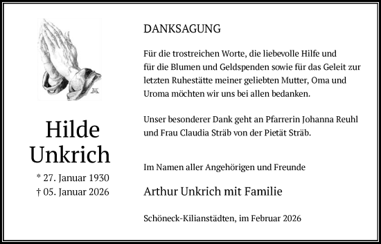 Traueranzeige von Hilde Unkrich von OFHA