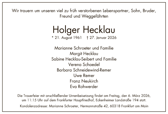 Traueranzeige von Holger Hecklau von FNP