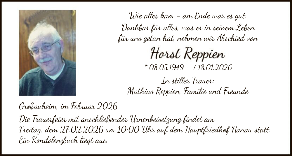  Traueranzeige für Horst Reppien vom 14.02.2026 aus OFHA