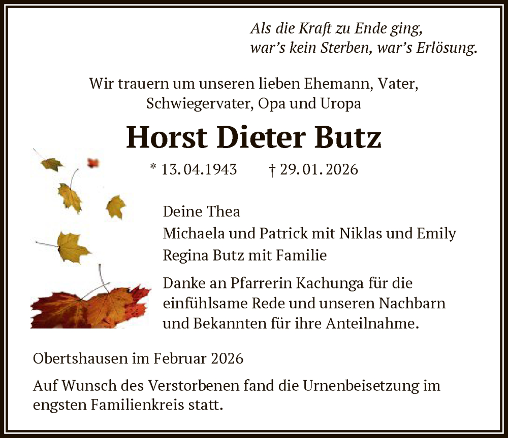  Traueranzeige für Horst Dieter Butz vom 21.02.2026 aus OF0T