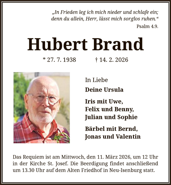Traueranzeige von Hubert Brand von OFOP