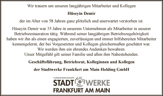 Traueranzeige von Hüseyin Demir von FNP