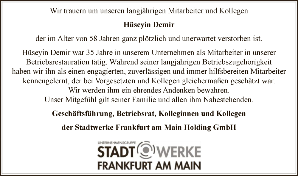  Traueranzeige für Hüseyin Demir vom 21.02.2026 aus FNP