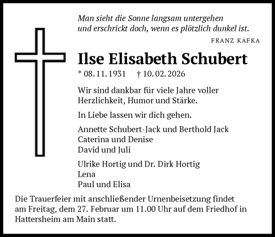 Traueranzeige von Ilse Elisabeth Schubert von FNP