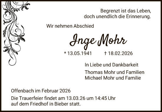 Traueranzeige von Inge Mohr von OFOP