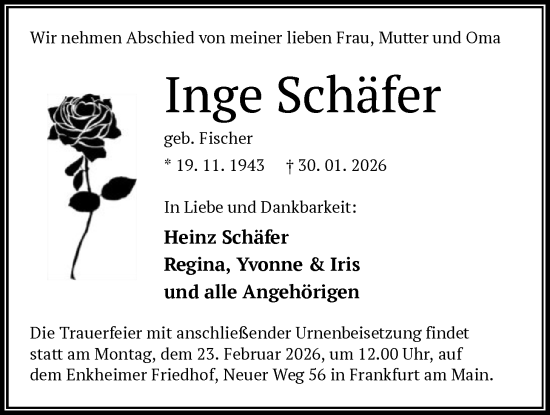 Traueranzeige von Inge Schäfer von BOWO