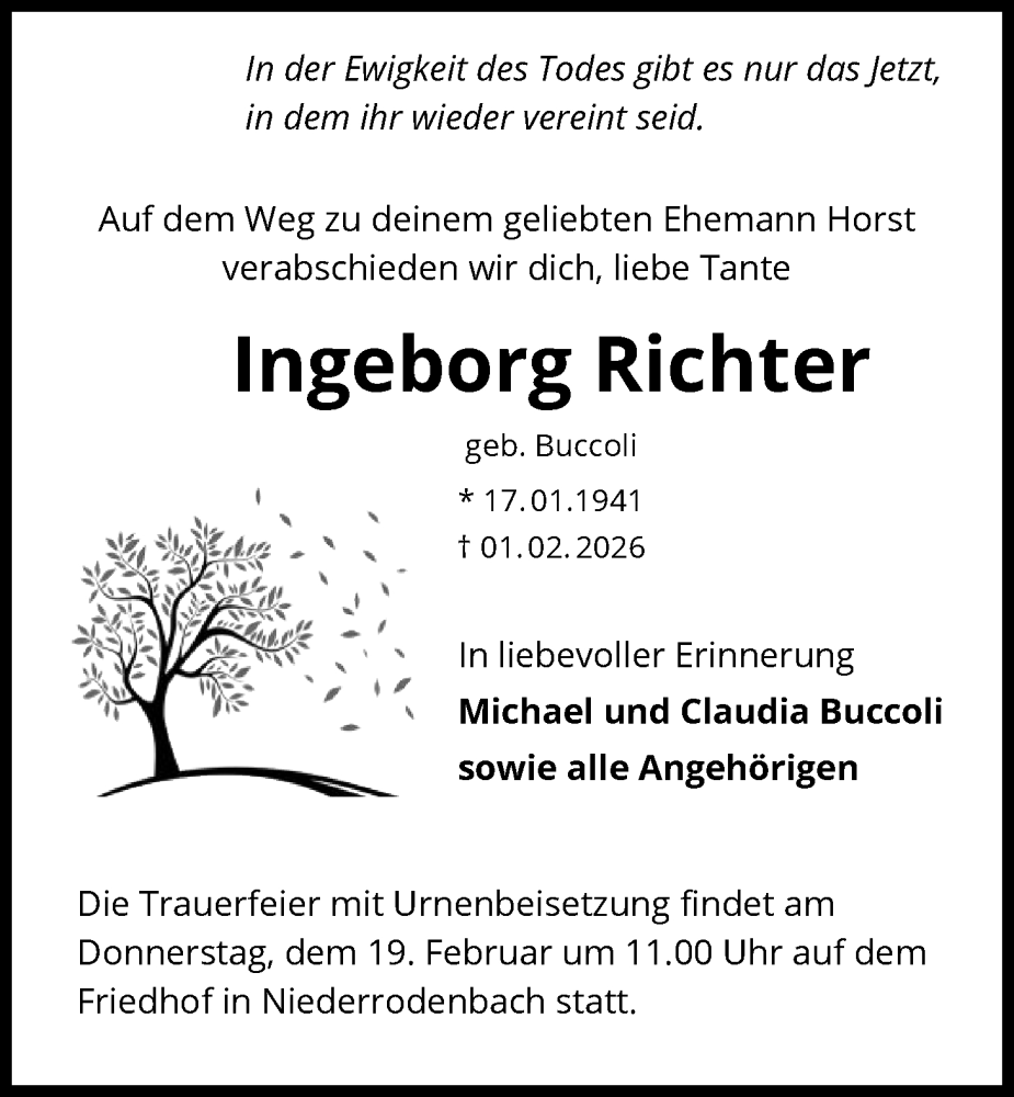  Traueranzeige für Ingeborg Richter vom 07.02.2026 aus OFHA