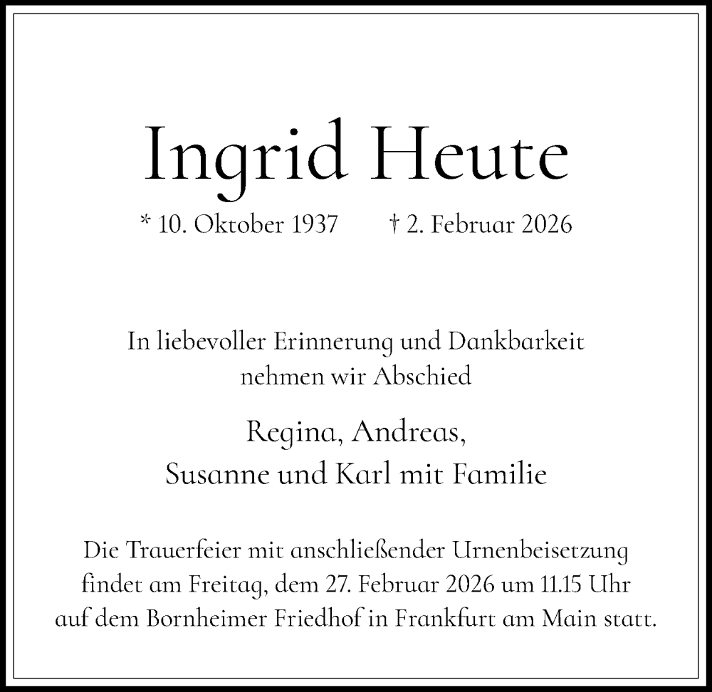  Traueranzeige für Ingrid Heute vom 21.02.2026 aus FNP