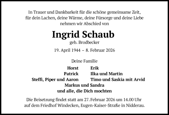 Traueranzeige von Ingrid Schaub von OFHA