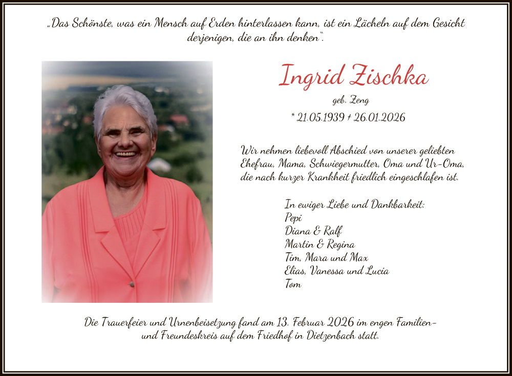  Traueranzeige für Ingrid Zischka vom 14.02.2026 aus OF0L