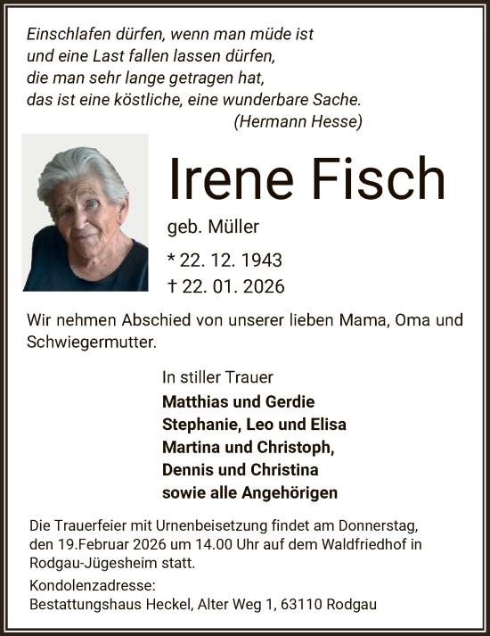 Traueranzeige von Irene Fisch von OFOP