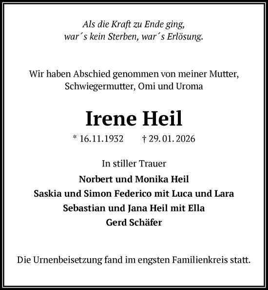 Traueranzeige von Irene Heil von OF0W