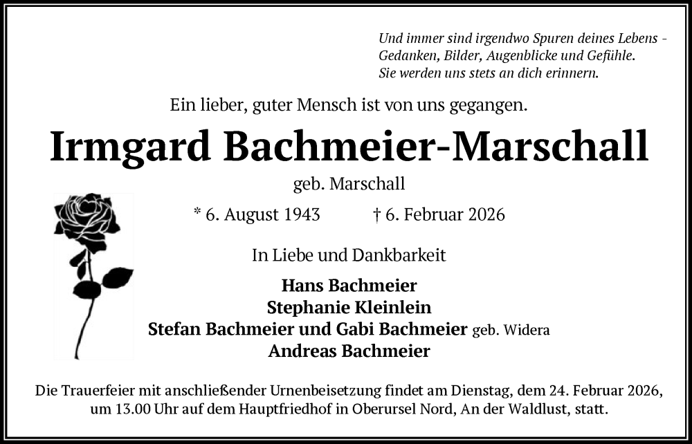  Traueranzeige für Irmgard Bachmeier-Marschall vom 14.02.2026 aus FNP