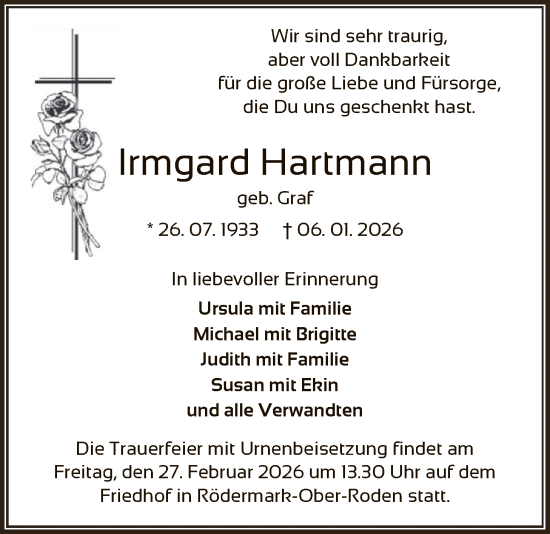 Traueranzeige von Irmgard Hartmann von OF0L