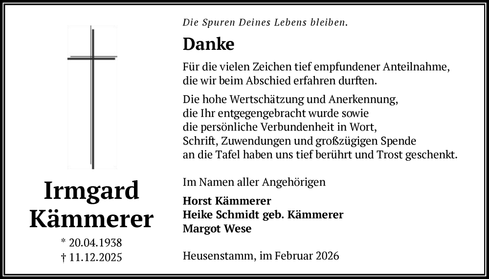  Traueranzeige für Irmgard Kämmerer vom 07.02.2026 aus OF0T