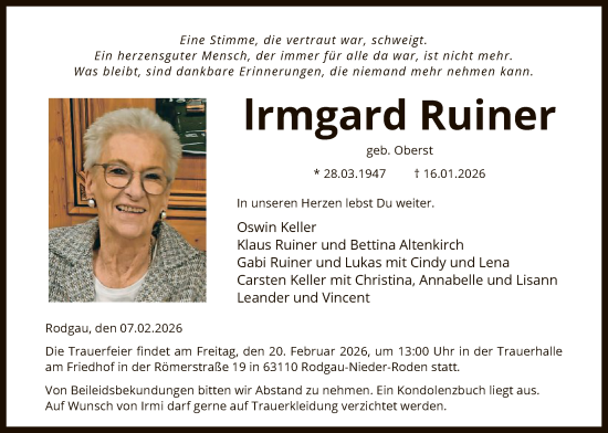 Traueranzeige von Irmgard Ruiner von OFOP