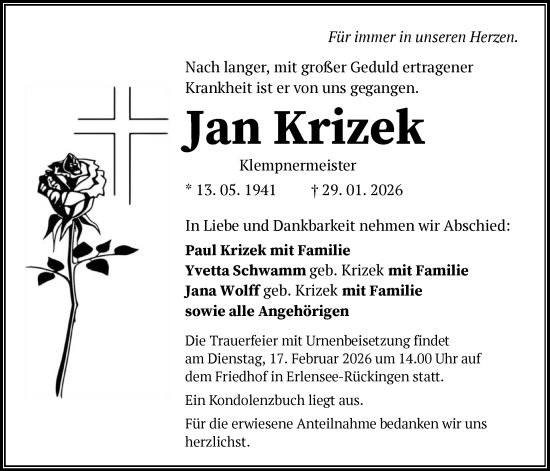 Traueranzeige von Jan Krizek von OFHA