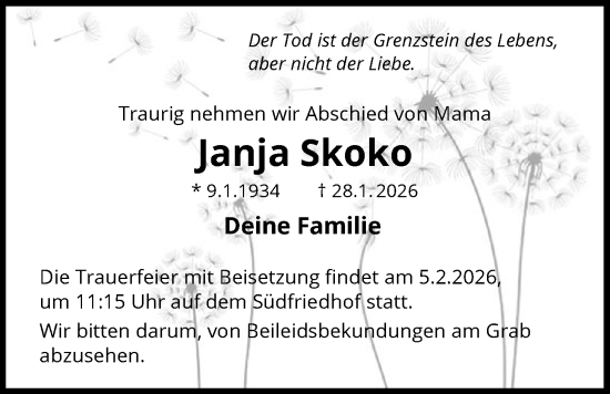 Traueranzeige von Janja Skoko von FNP