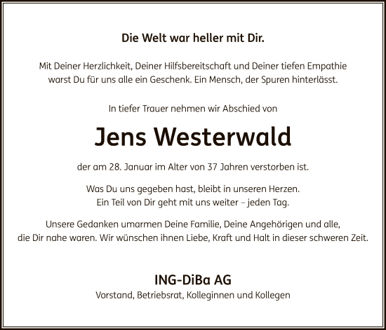 Traueranzeige von Jens Westerwald von OFOP