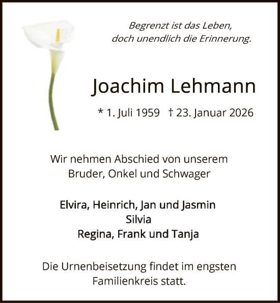 Traueranzeige von Joachim Lehmann von OFHA