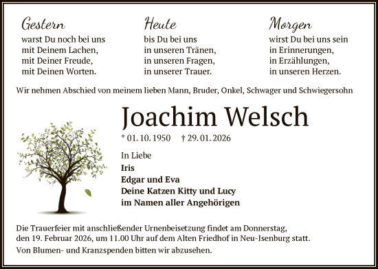 Traueranzeige von Joachim Welsch von OF0W