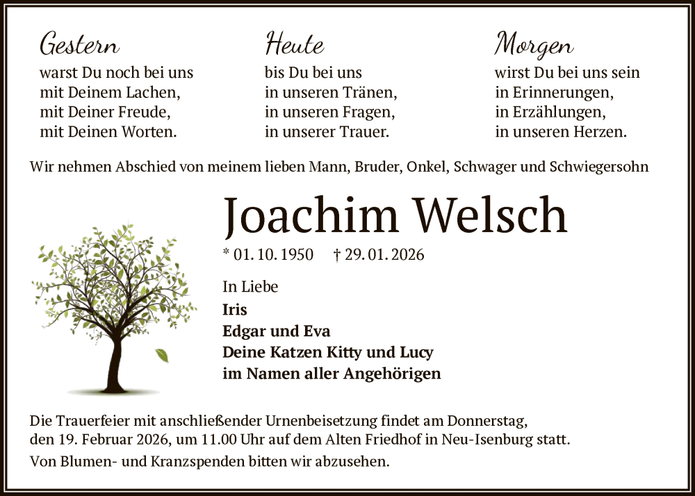  Traueranzeige für Joachim Welsch vom 07.02.2026 aus OF0W