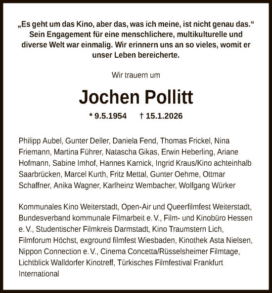 Traueranzeige von Jochen Pollitt von FNP