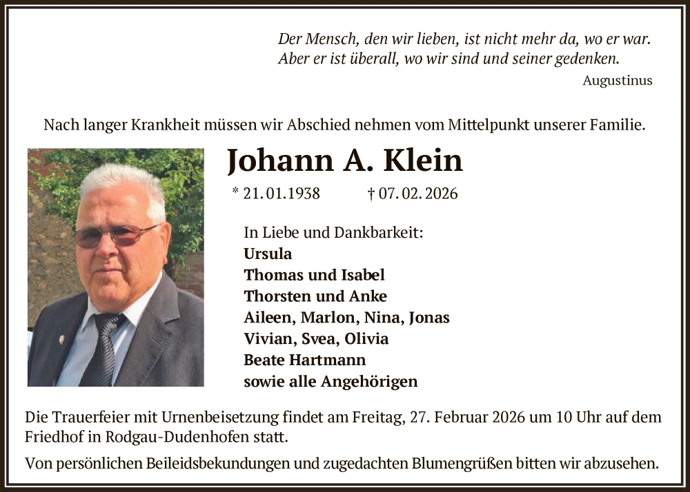  Traueranzeige für Johann A. Klein vom 14.02.2026 aus OFOP