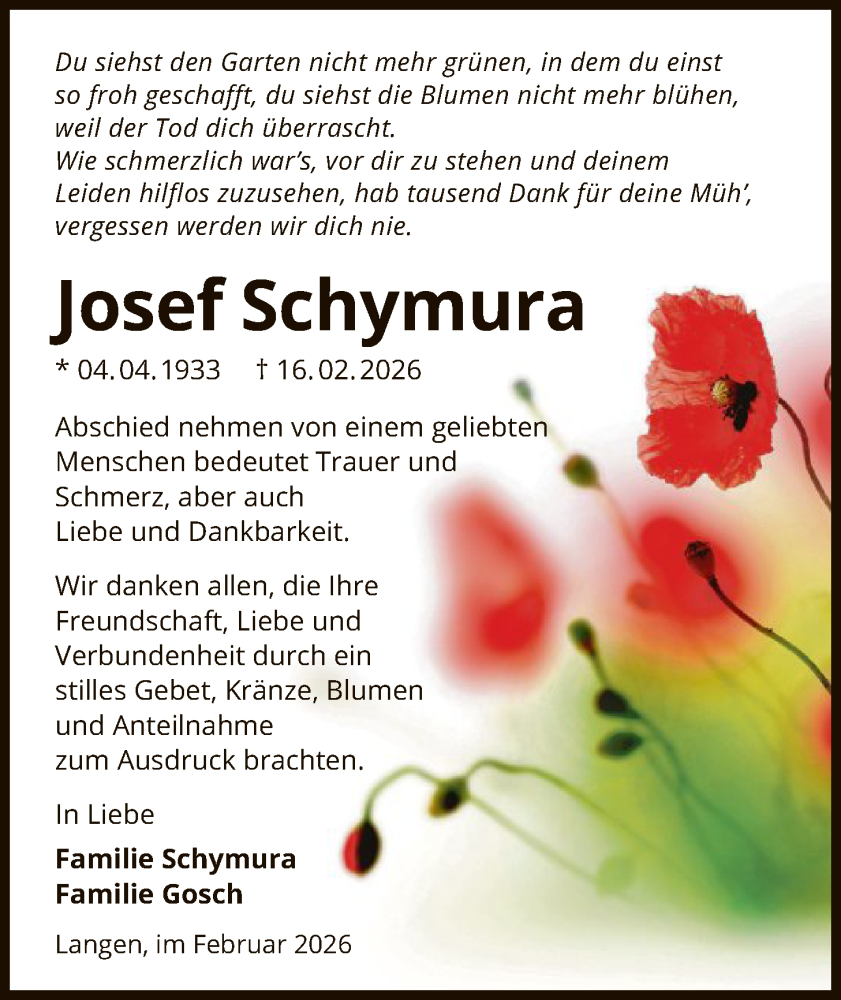  Traueranzeige für Josef Schymura vom 28.02.2026 aus OF0W