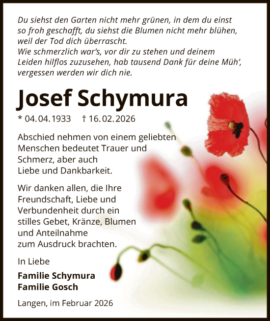 Traueranzeige von Josef Schymura von OF0W
