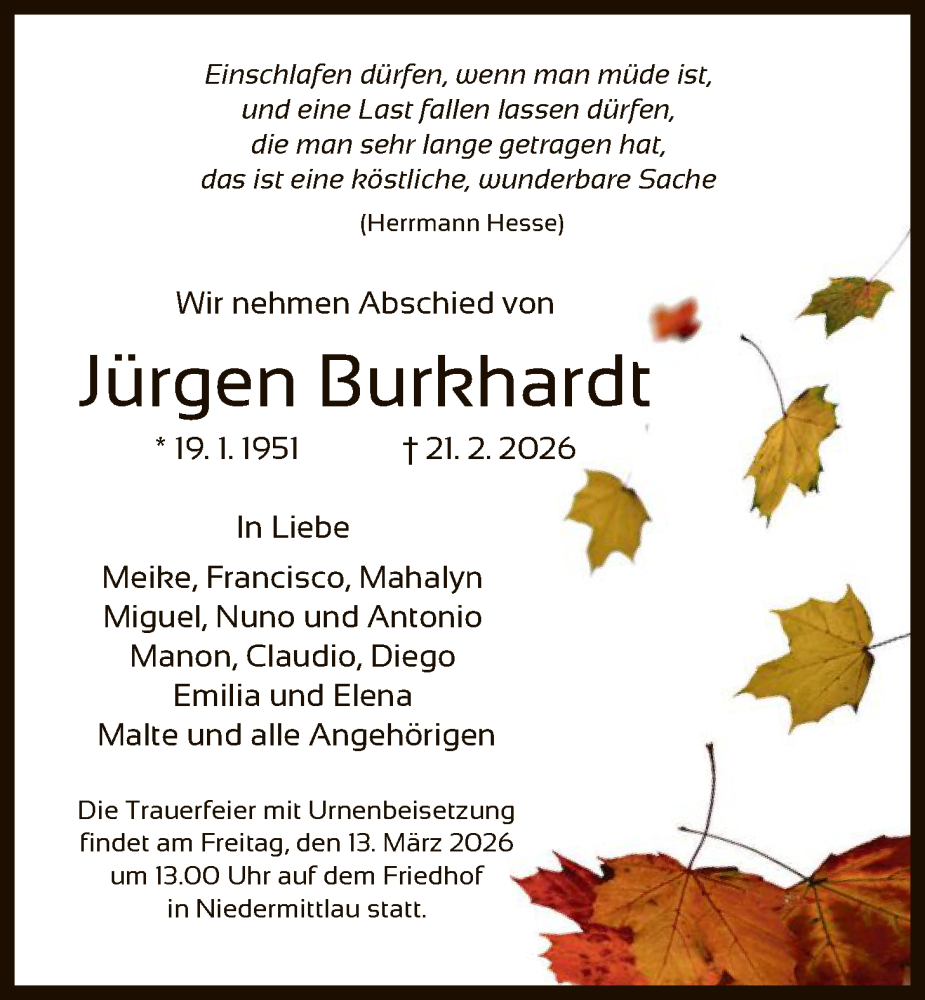  Traueranzeige für Jürgen Burkhardt vom 28.02.2026 aus OFHA