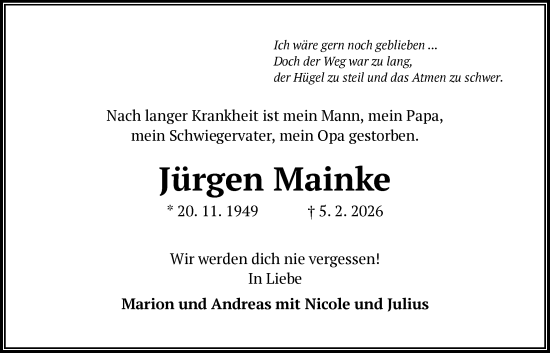 Traueranzeige von Jürgen Mainke von OFMF