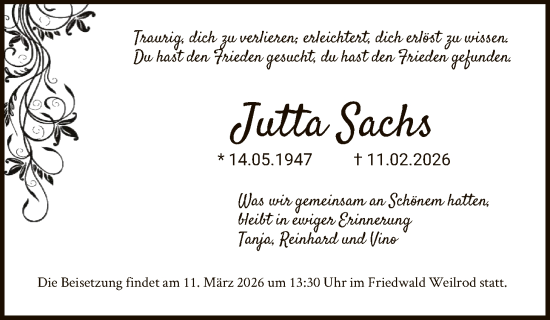 Traueranzeige von Jutta Sachs von TAUW