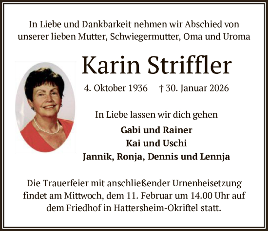 Traueranzeige von Karin Striffler von FNP