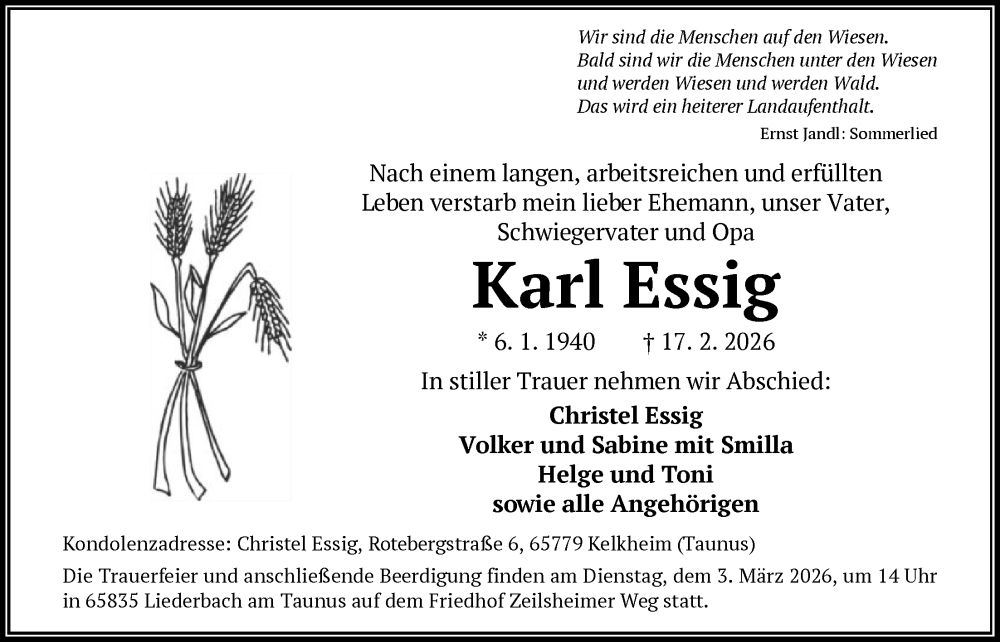  Traueranzeige für Karl Essig vom 28.02.2026 aus FNP