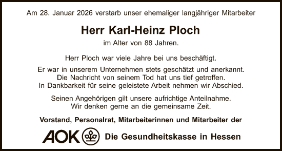 Traueranzeige von Karl-Heinz Ploch von OFOP