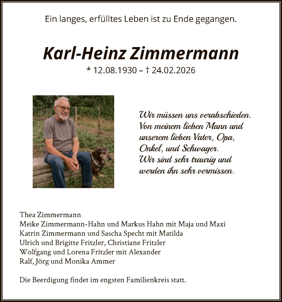  Traueranzeige für Karl-Heinz Zimmermann vom 28.02.2026 aus OFOP