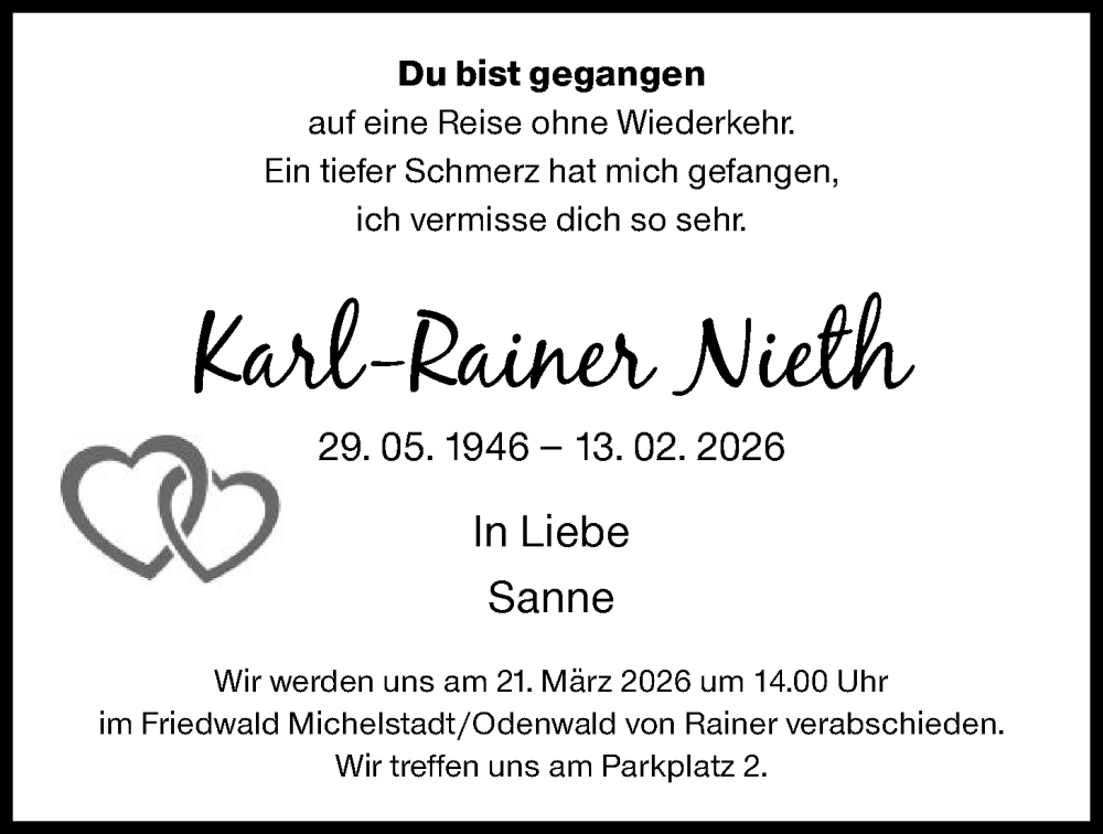  Traueranzeige für Karl-Rainer Nieth vom 28.02.2026 aus FNP