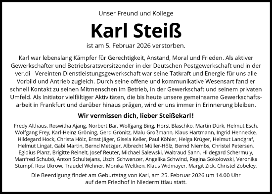 Traueranzeige von Karl Steiß von FNP