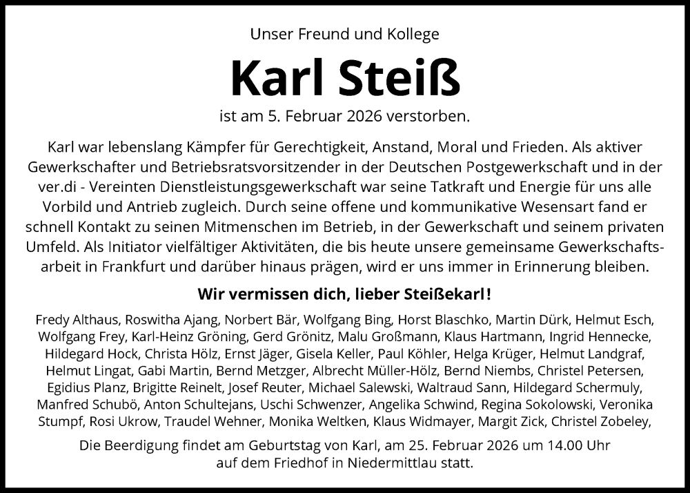 Traueranzeige für Karl Steiß vom 21.02.2026 aus FNP