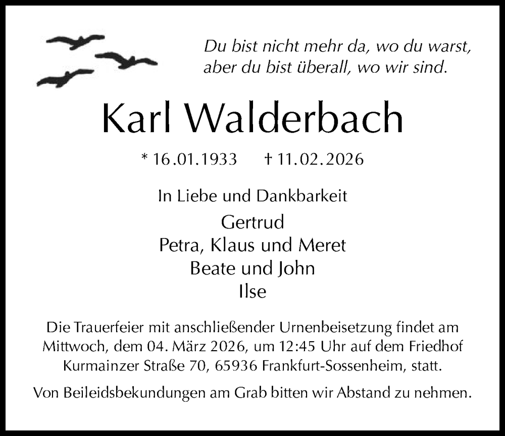  Traueranzeige für Karl Walderbach vom 28.02.2026 aus FNP