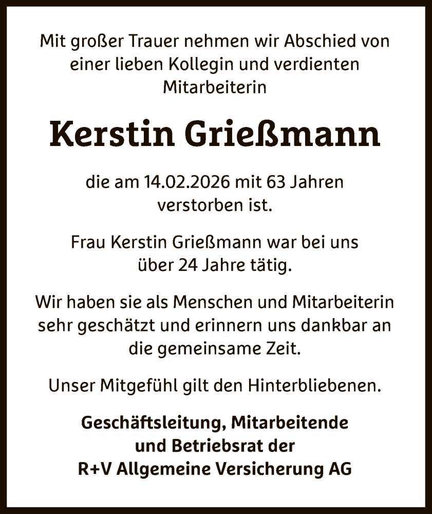  Traueranzeige für Kerstin Grießmann vom 28.02.2026 aus OF0L
